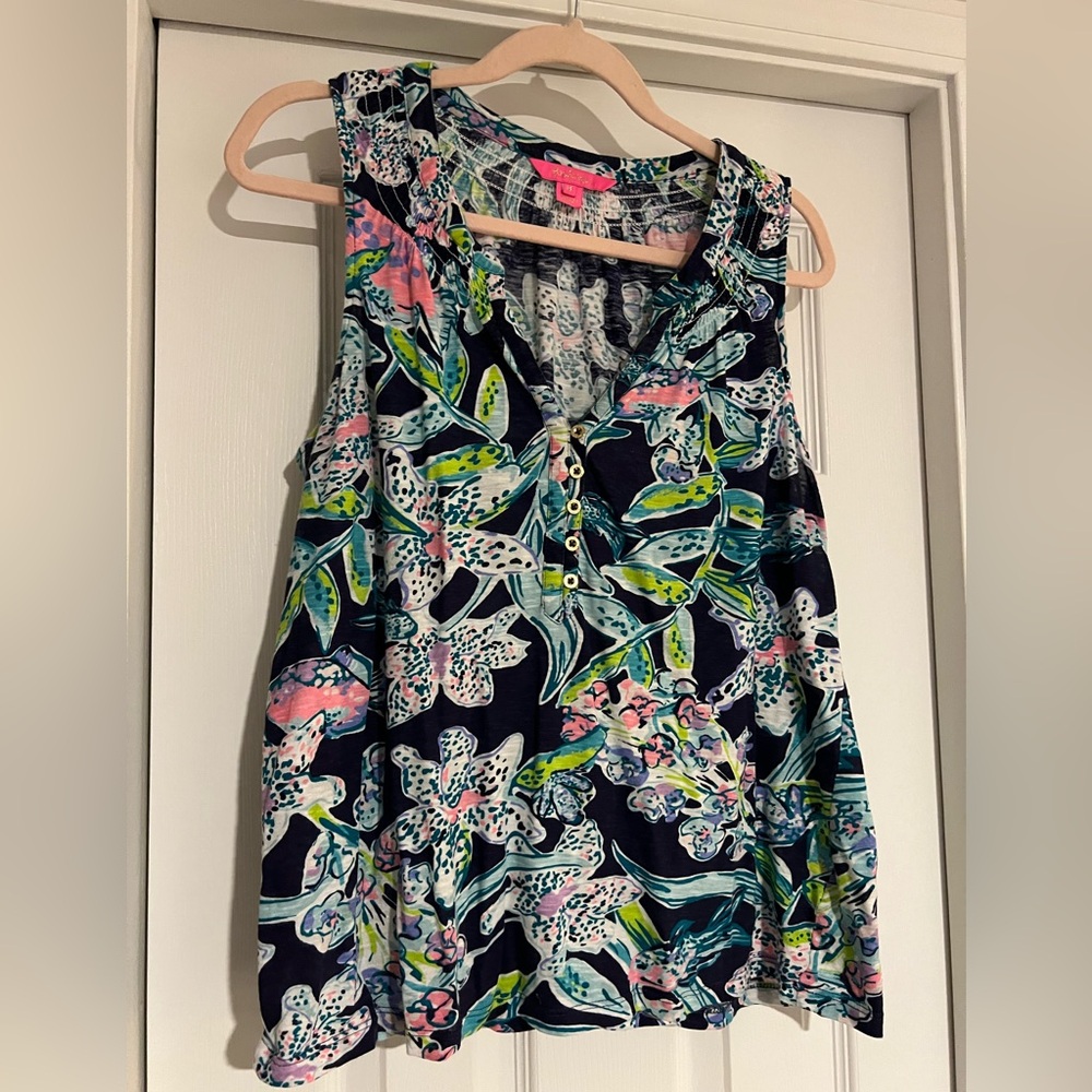 Lilly Pulitzer Navy Floral Sleeveless Blouse